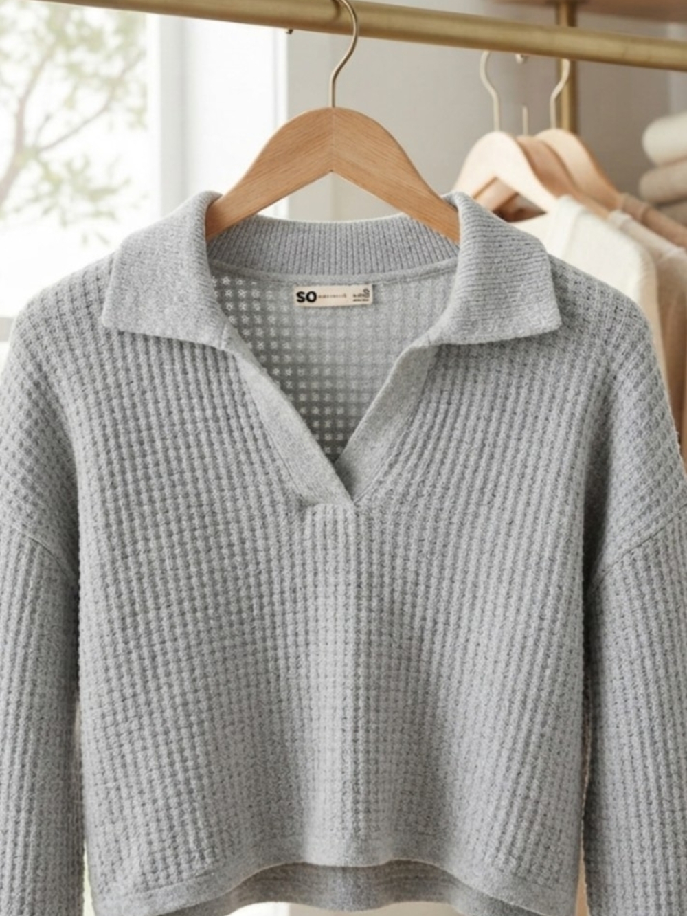 SO Waffle-Knit V-Neck Collared Sweater - Light Gray